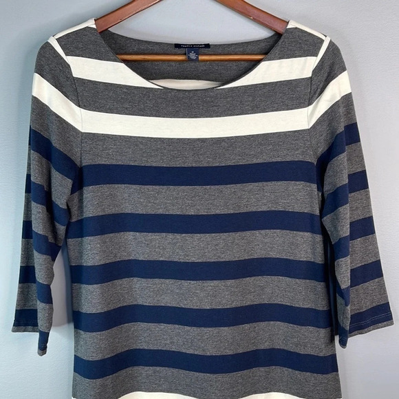 TOMMY HILFIGER Knit Dress Grey Ivory Navy Blue Stripe Boat Neck Preppy Size M - Picture 3 of 8